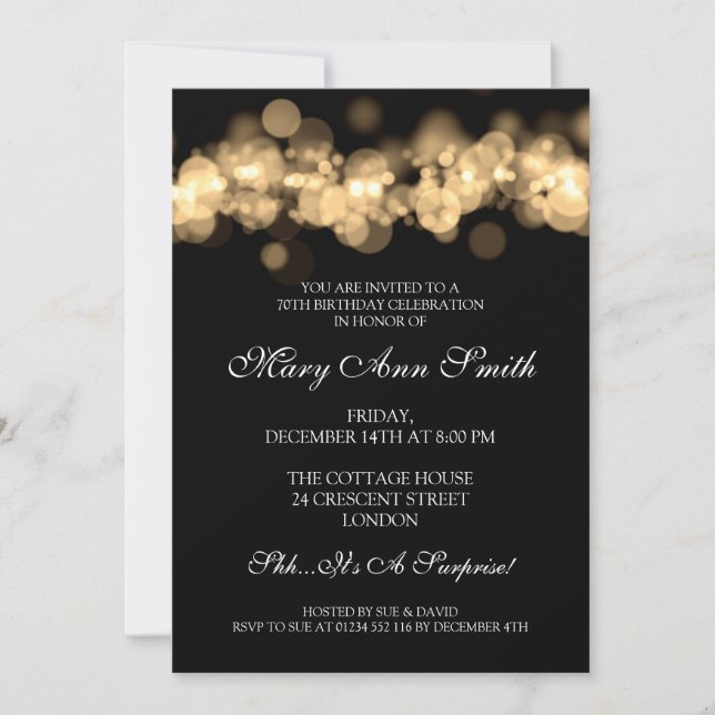 Elegant 70th Birthday Party Gold Bokeh Lights Invitation (Front)