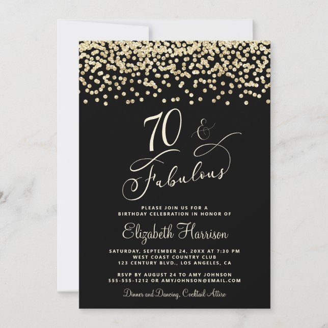 Elegant 70th Birthday Party Gold Glitter Black Invitation (Front)