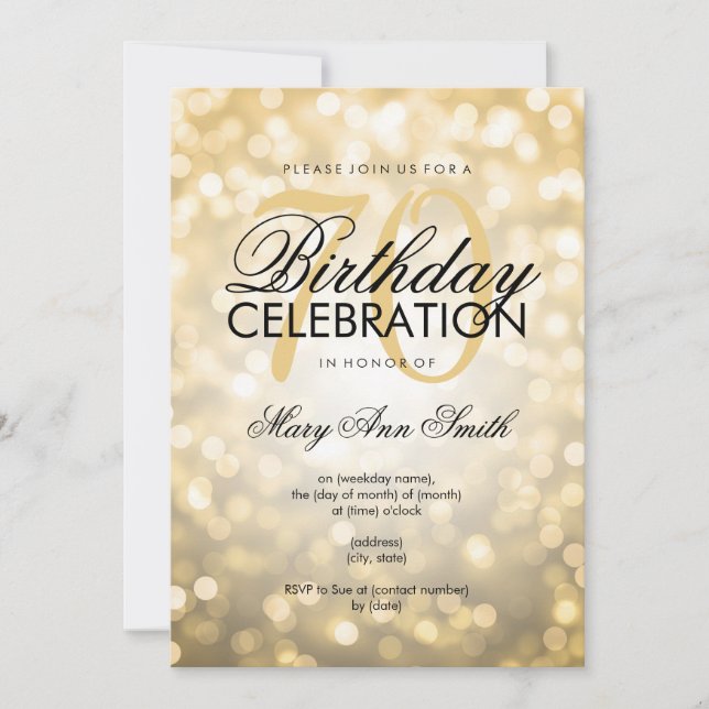 Elegant 70th Birthday Party Gold Glitter Lights Invitation (Front)