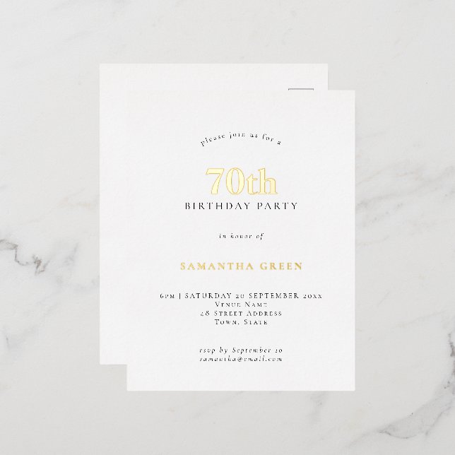 Elegant 70th Birthday Party Luxury Real  Foil Invitation Postcard (Front/Back)