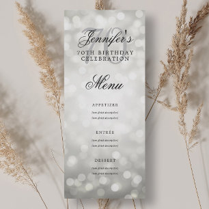 Elegant 70th Birthday Party Menu Silver Bokeh  Invitation