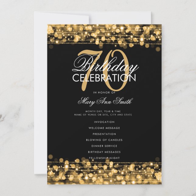 Elegant 70th Birthday Party Program Gold w/ Menu Invitation (Front)