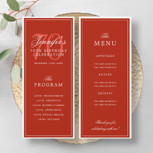 Elegant 70th Birthday Party Program Menu Red Invitation