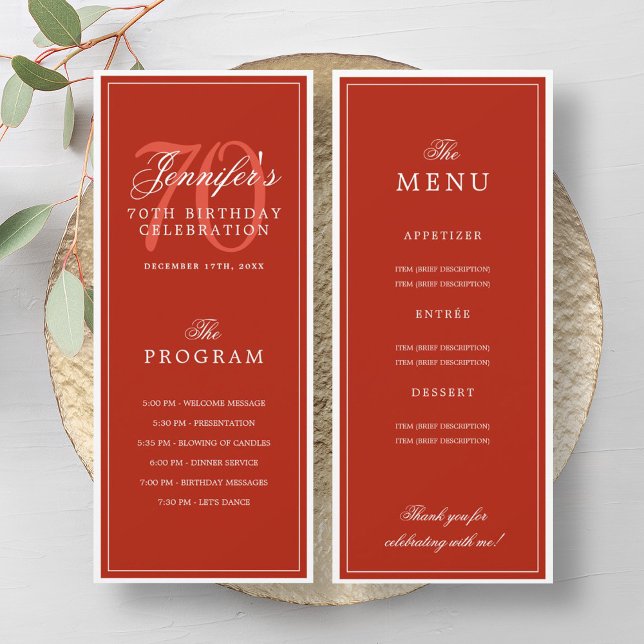 Elegant 70th Birthday Party Program Menu Red  Invitation (Elegant 70th Birthday Party Program Menu Red )