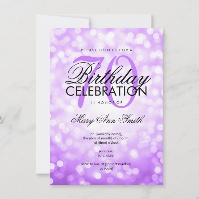 Elegant 70th Birthday Party Purple Glitter Lights Invitation (Front)