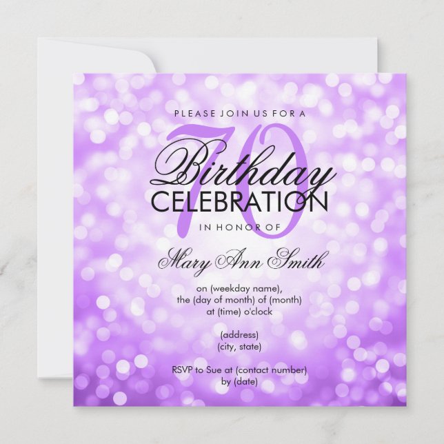 Elegant 70th Birthday Party Purple Glitter Lights Invitation (Front)