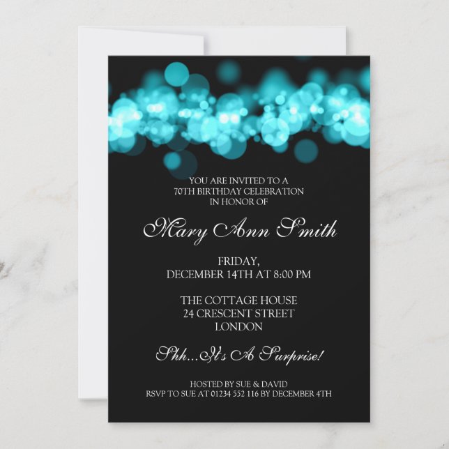 Elegant 70th Birthday Party Turquoise Bokeh Lights Invitation (Front)