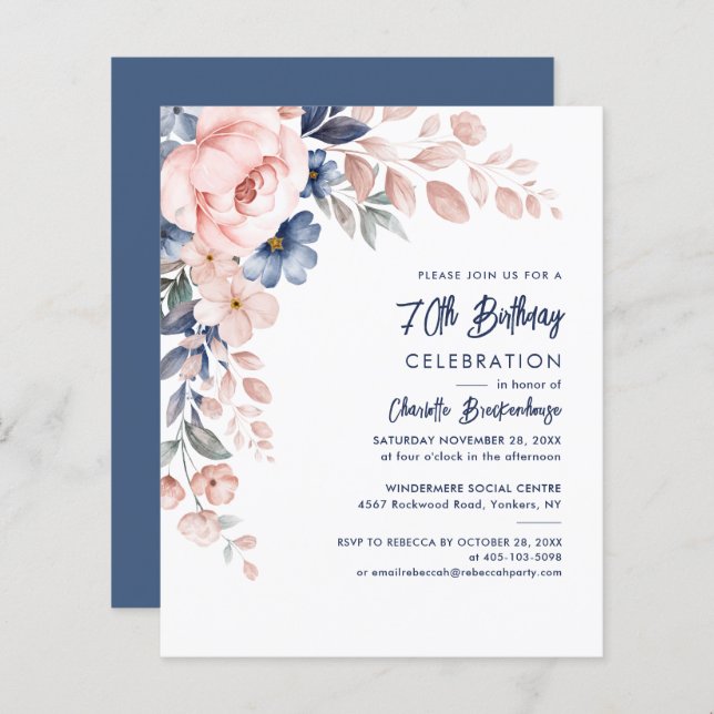 Elegant 70th Birthday Pink Floral Party Invitation (Front/Back)
