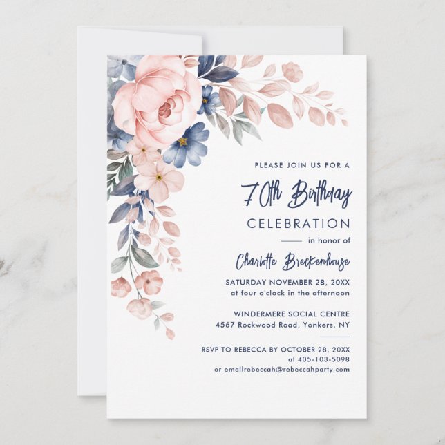 Elegant 70th Birthday Pink Floral Party Invitation (Front)