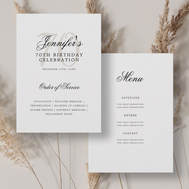 Elegant 70th Birthday Program Black White w/ Menu Invitation (Elegant 70th Birthday Program Black White w/ Menu)