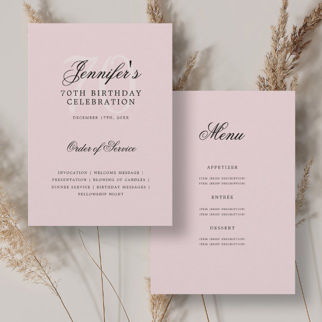 Elegant 70th Birthday Program Blush Pink w/ Menu Invitation (Elegant 70th Birthday Program Blush Pink w/ Menu)