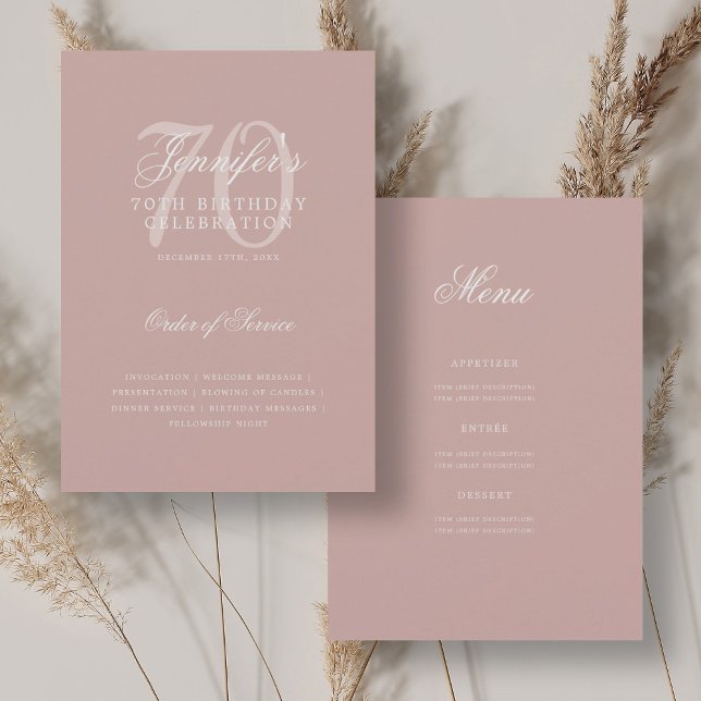 Elegant 70th Birthday Program Dusty Rose w/ Menu Invitation (Elegant 70th Birthday Program Dusty Rose w/ Menu)