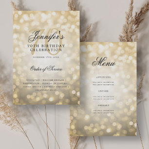Elegant 70th Birthday Program Gold Bokeh w/ Menu Invitation