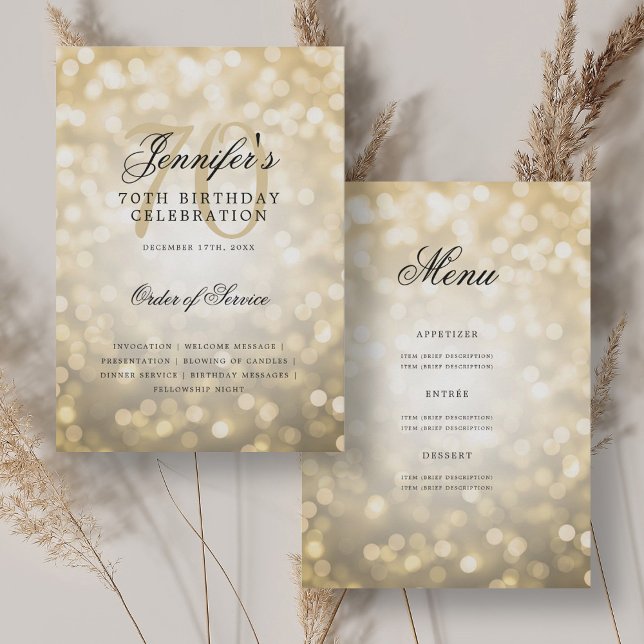 Elegant 70th Birthday Program Gold Bokeh w/ Menu Invitation (Elegant 70th Birthday Program Gold Bokeh w/ Menu)