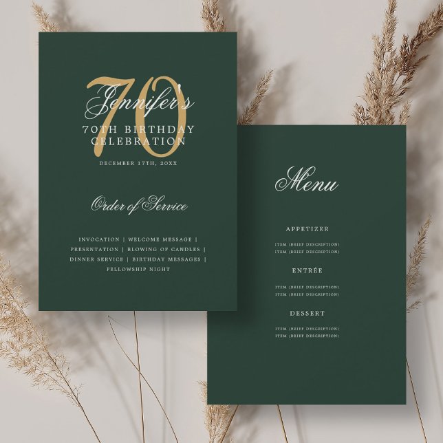 Elegant 70th Birthday Program Gold Green w/ Menu Invitation (Elegant 70th Birthday Program Gold Green w/ Menu)