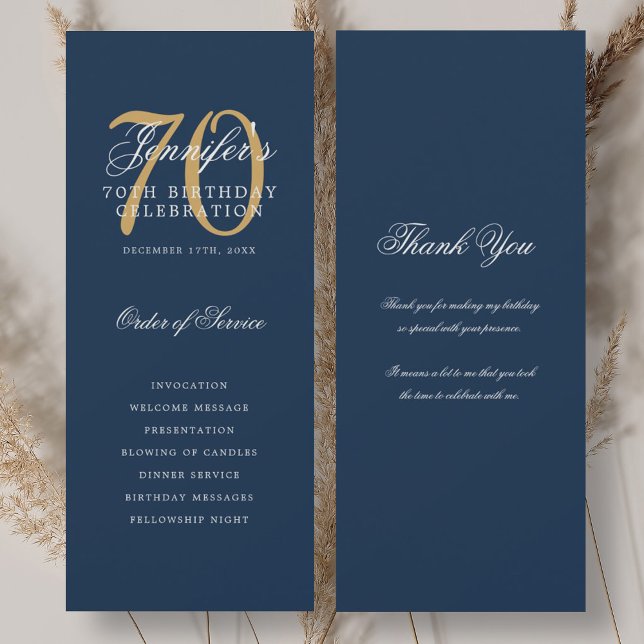 Elegant 70th Birthday Program Gold Navy Thank You Invitation (Elegant 70th Birthday Program Gold Navy Thank You)