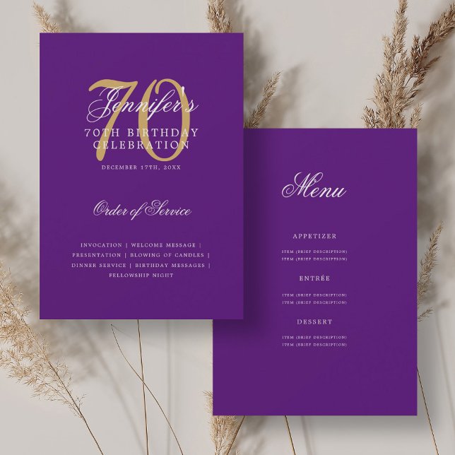 Elegant 70th Birthday Program Gold Purple w/ Menu Invitation (Elegant 70th Birthday Program Gold Purple w/ Menu)