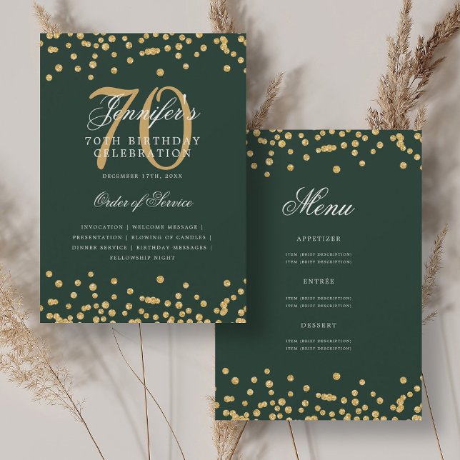 Elegant 70th Birthday Program Menu Gold Green  Invitation (Elegant 70th Birthday Program Menu Gold Green )
