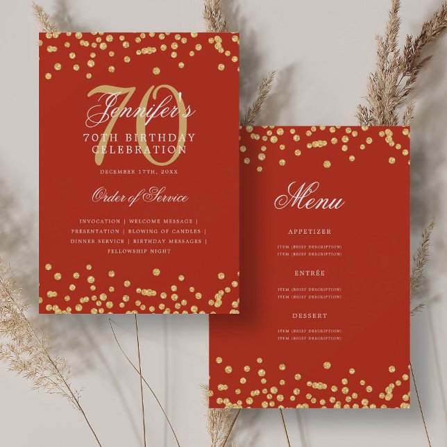 Elegant 70th Birthday Program Menu Gold Red  Invitation (Creator Uploaded)