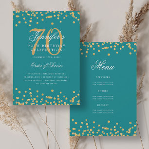 Elegant 70th Birthday Program Menu Gold Turquoise  Invitation