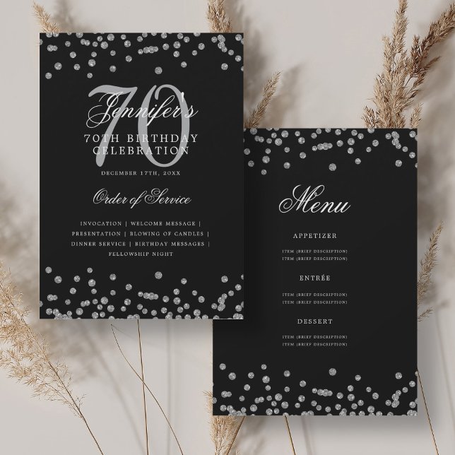 Elegant 70th Birthday Program Menu Silver Black Invitation (Elegant 70th Birthday Program Menu Silver Black)