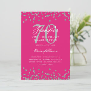 Elegant 70th Birthday Program Menu Silver Hot Pink Invitation