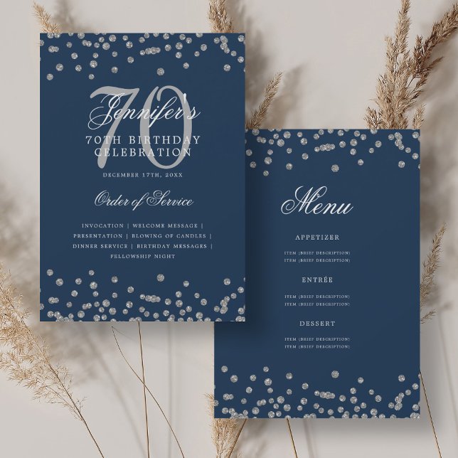 Elegant 70th Birthday Program Menu Silver Navy  Invitation (Elegant 70th Birthday Program Menu Silver Navy)