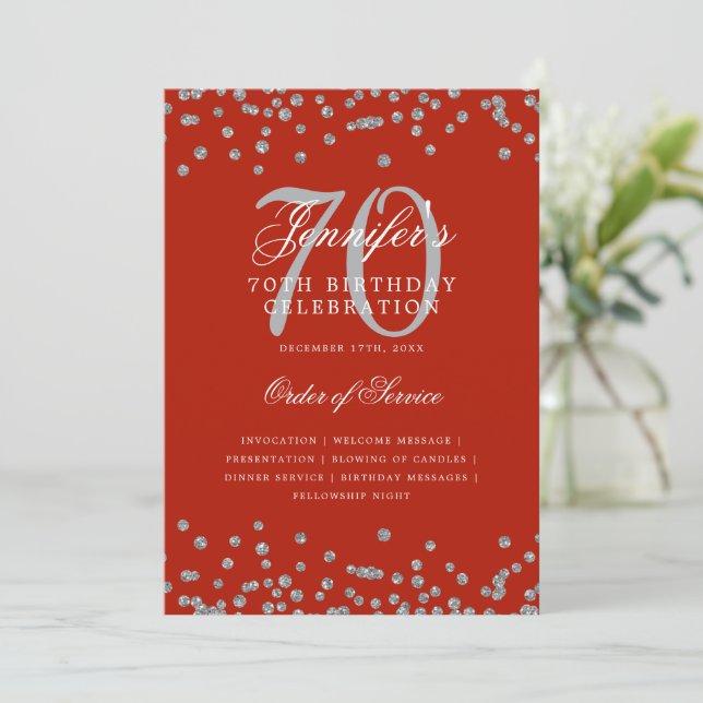 Elegant 70th Birthday Program Menu Silver Red  Invitation (Standing Front)