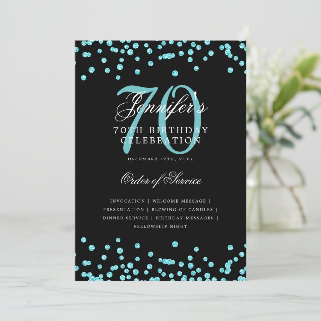Elegant 70th Birthday Program Menu Teal Black  Invitation (Standing Front)