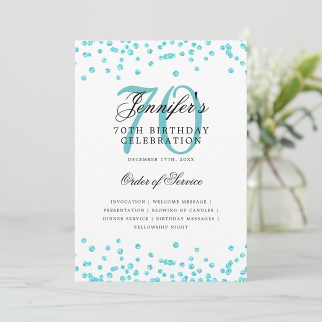 Elegant 70th Birthday Program Menu Turquoise  Invitation (Standing Front)