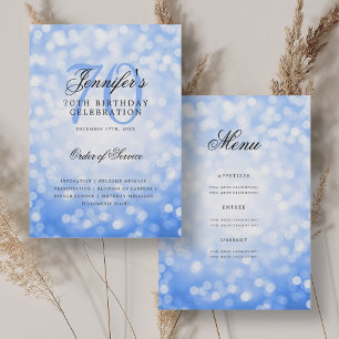 Elegant 70th Birthday Program Navy Blue Bokeh Menu Invitation