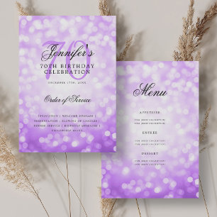 Elegant 70th Birthday Program Purple Bokeh Menu Invitation