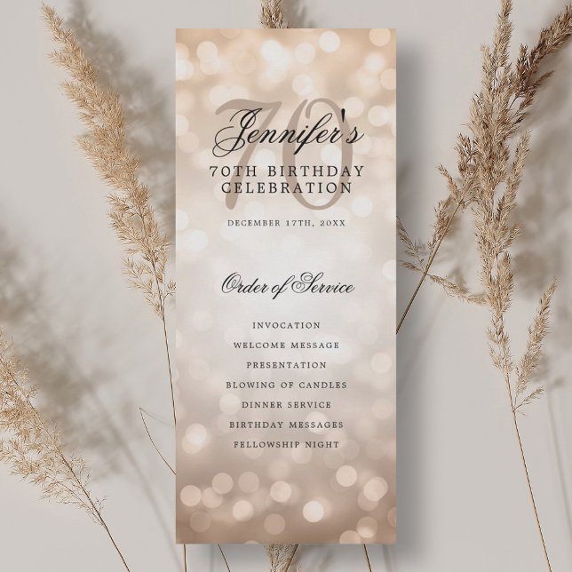 Elegant 70th Birthday Program Rose Gold Bokeh Invitation (Elegant 70th Birthday Program Rose Gold Bokeh)