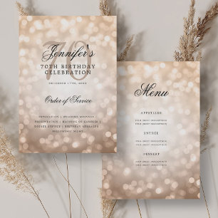 Elegant 70th Birthday Program Rose Gold Bokeh Menu Invitation