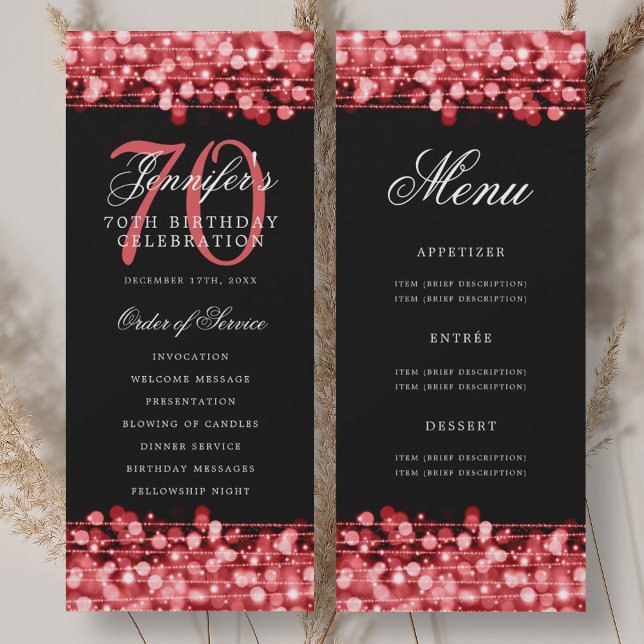 Elegant 70th Birthday Program Ruby Red w/ Menu Invitation (Elegant 70th Birthday Program Ruby Red w/ Menu)