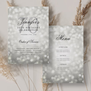Elegant 70th Birthday Program Silver Bokeh Menu Invitation