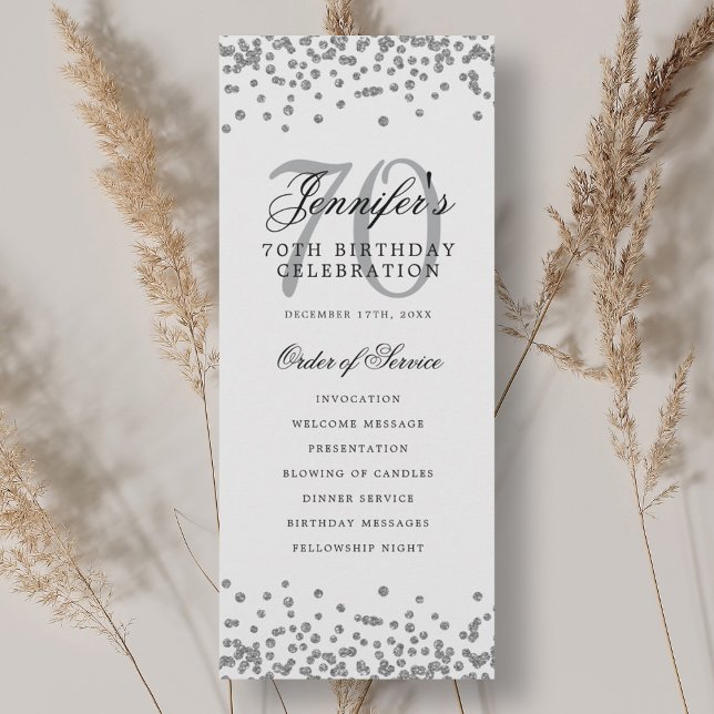 Elegant 70th Birthday Program Silver Confetti Invitation (Elegant 70th Birthday Program Silver Confetti)