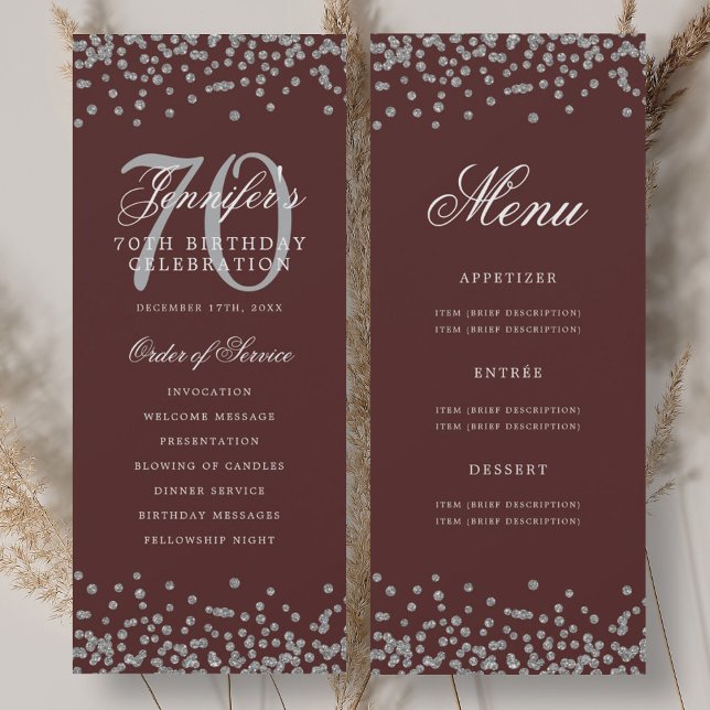 Elegant 70th Birthday Program Silver Menu Burgundy Invitation (Elegant 70th Birthday Program Silver Menu Burgundy)