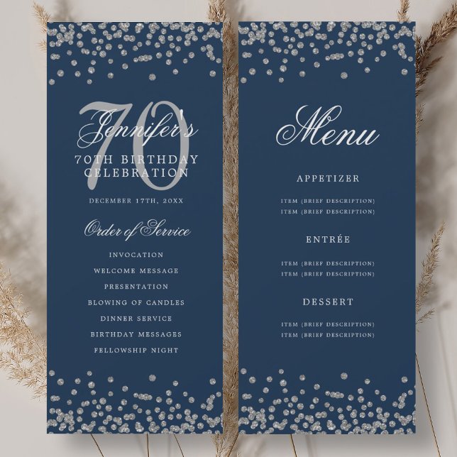 Elegant 70th Birthday Program Silver Menu Navy  Invitation (Elegant 70th Birthday Program Silver Menu Navy )