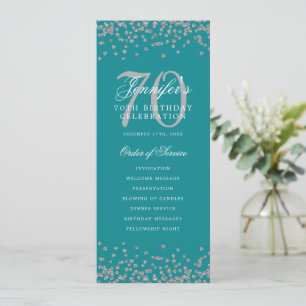 Elegant 70th Birthday Program Silver Menu Teal  Invitation