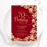 Elegant 70th Birthday Red Gold Roses Invitation<br><div class="desc">Red gold floral 70th birthday party invitation. Elegant design featuring roses,  faux gold foil and typography script font. Trendy invite card perfect for a stylish female bday celebration. Can be customised to any age. Personalise with your own details. Printed Zazzle invitations or instant download digital printable template.</div>