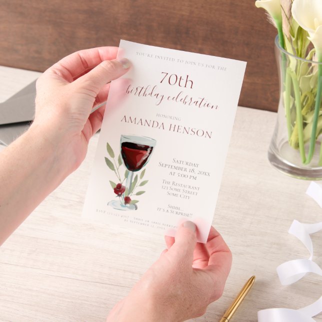 Elegant 70th Birthday Red Wine Surprise Birthday  Vellum Invitations (Handheld)