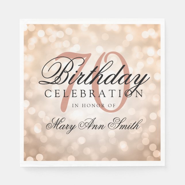 Elegant 70th Birthday Rose Gold Glitter Lights Napkin (Front)