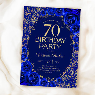 Elegant 70th Birthday Royal Blue Gold Floral Invitation
