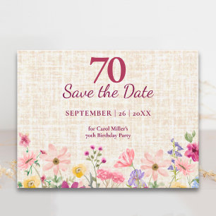 Elegant 70th Birthday Save the Date Linen Flowers Announcement Postcard