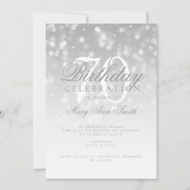 Elegant 70th Birthday Silver Bokeh Sparkle Lights Invitation (Front)