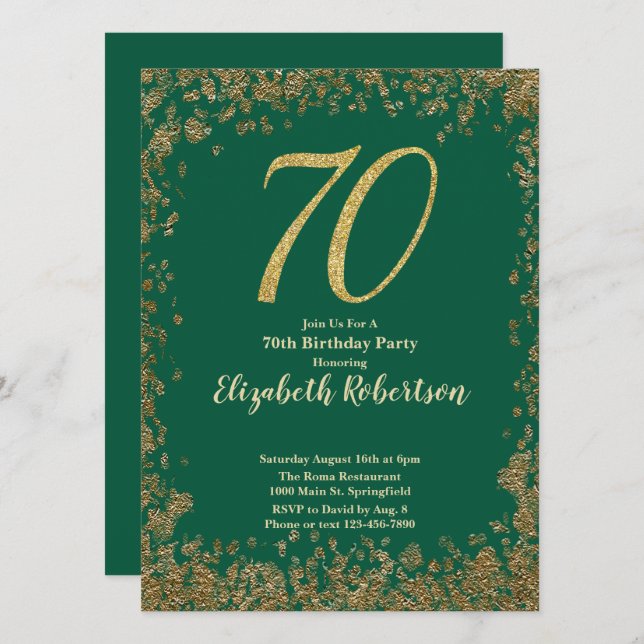 Elegant 70th Green Birthday Invitation Gold Sequin (Front/Back)