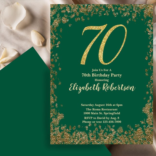 Elegant 70th Green Birthday Invitation Gold Sequin (Creator Uploaded)