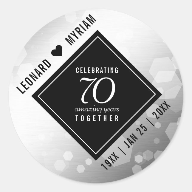 Elegant 70th Platinum Wedding Anniversary Classic Round Sticker (Front)