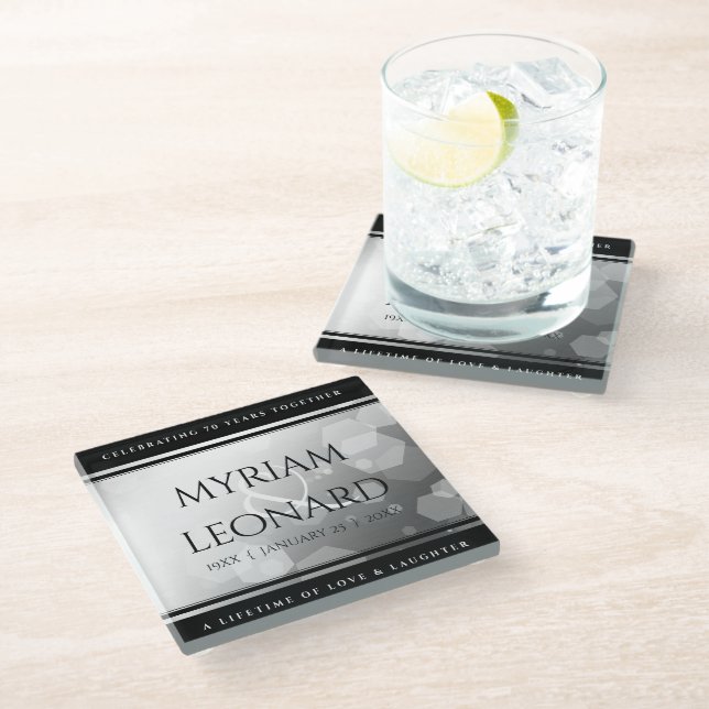 Elegant 70th Platinum Wedding Anniversary Glass Coaster (Angled)